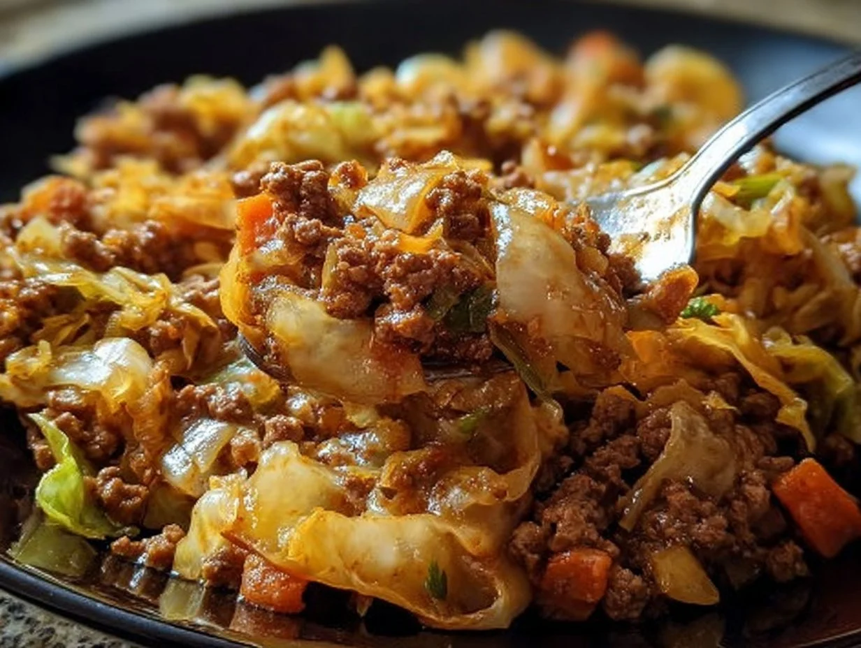 Savory cabbage and ground beef skillet dish garnished with herbs and spices