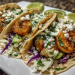 Delicious shrimp tacos garnished with fresh avocado and lime