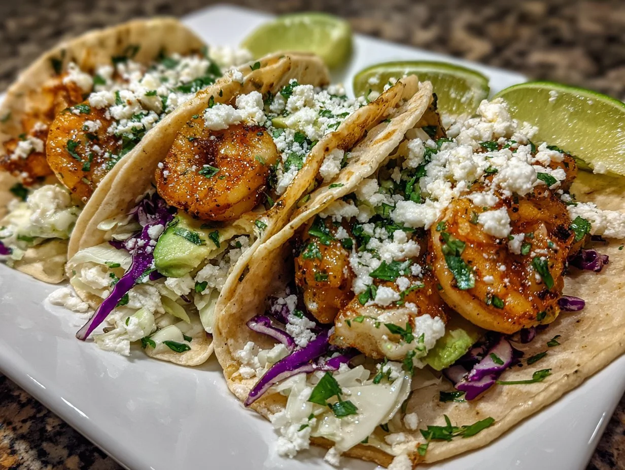Delicious shrimp tacos garnished with fresh avocado and lime