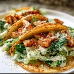 Smash Chicken Caesar Tacos served with lettuce and Caesar dressing