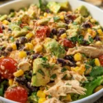 Bowl of colorful Southwest Chicken Salad with grilled chicken, vegetables, and dressing
