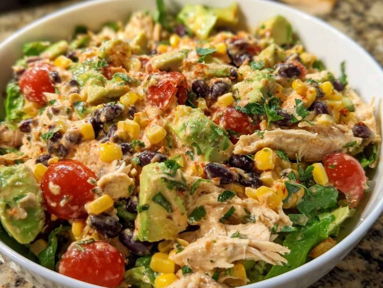 Bowl of colorful Southwest Chicken Salad with grilled chicken, vegetables, and dressing