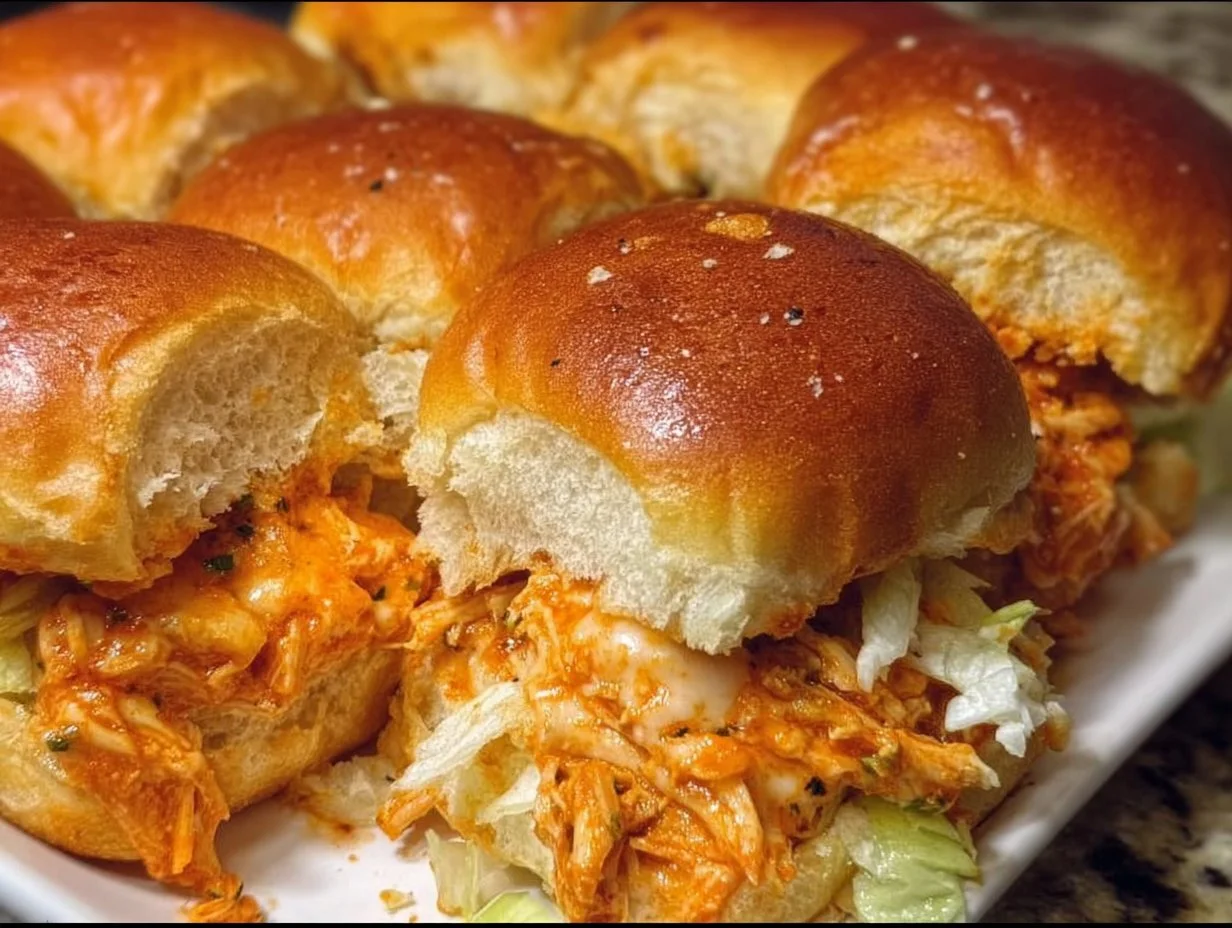 Delicious spicy Buffalo chicken sliders served on a platter