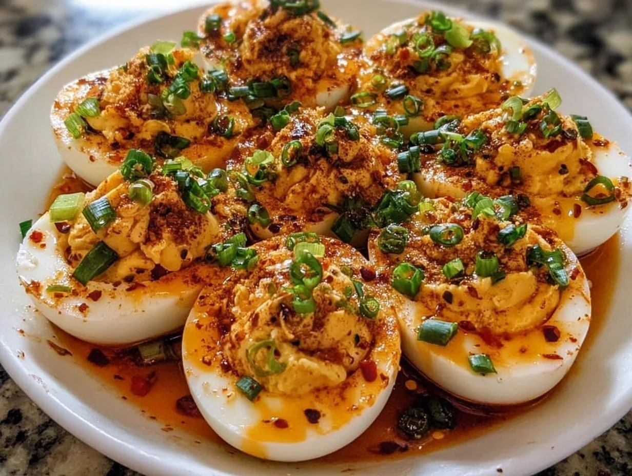 Spicy Chili Garlic Deviled Eggs garnished and ready to serve