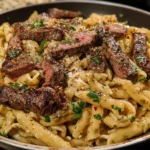 Delicious Spicy Garlic Butter Parmesan Steak Pasta dish garnished with herbs