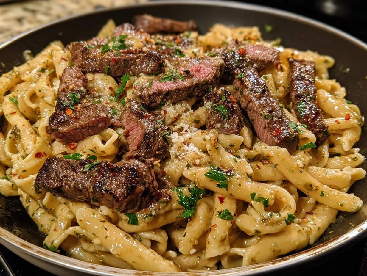Delicious Spicy Garlic Butter Parmesan Steak Pasta dish garnished with herbs