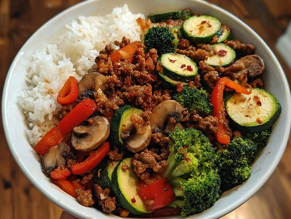 Spicy ground beef stir-fry bowl with garlic vegetables and rice