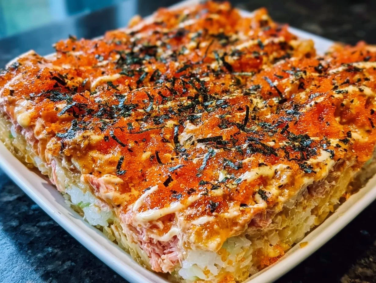 Spicy Tuna and Creamy Crab Sushi Bake dish served in a white bowl
