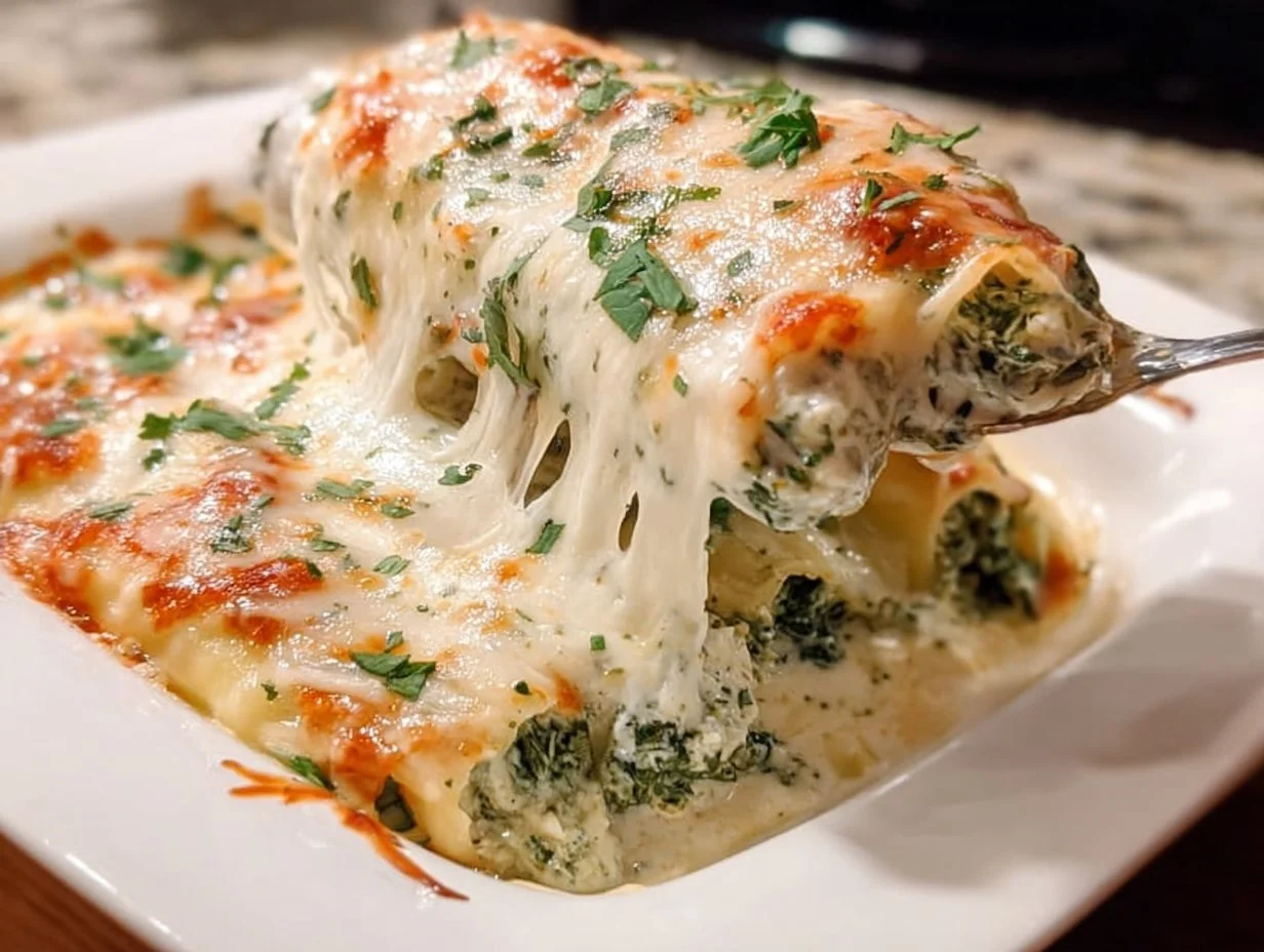 Delicious Spinach-Artichoke Manicotti served with sauce and cheese