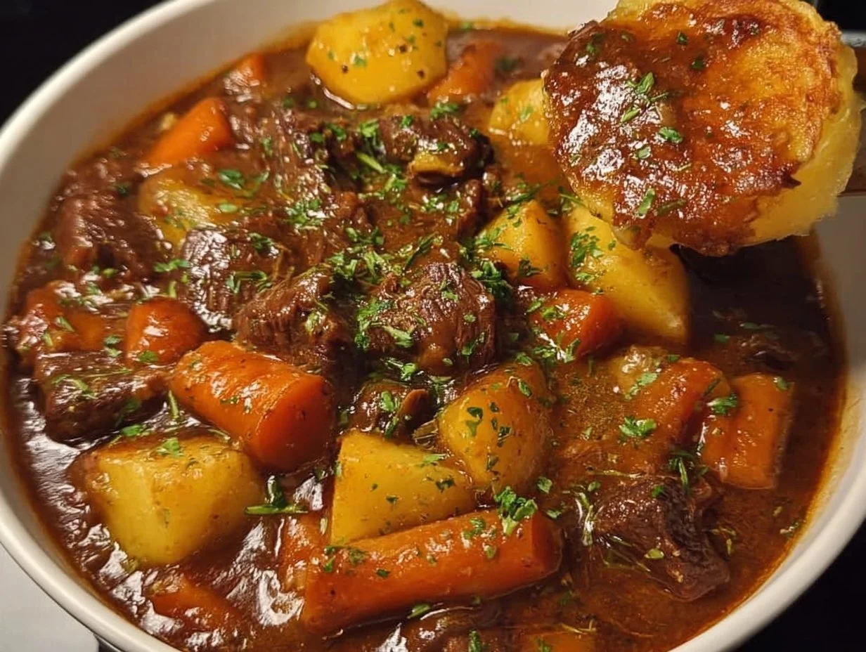 Delicious stove top beef stew with tender meat and fresh vegetables