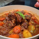 Delicious stove top beef stew simmering in a pot with vegetables and herbs
