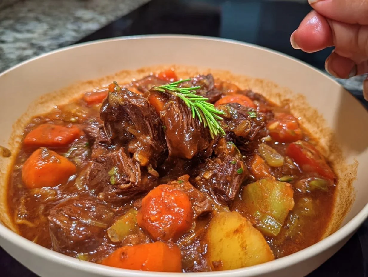 Delicious stove top beef stew simmering in a pot with vegetables and herbs