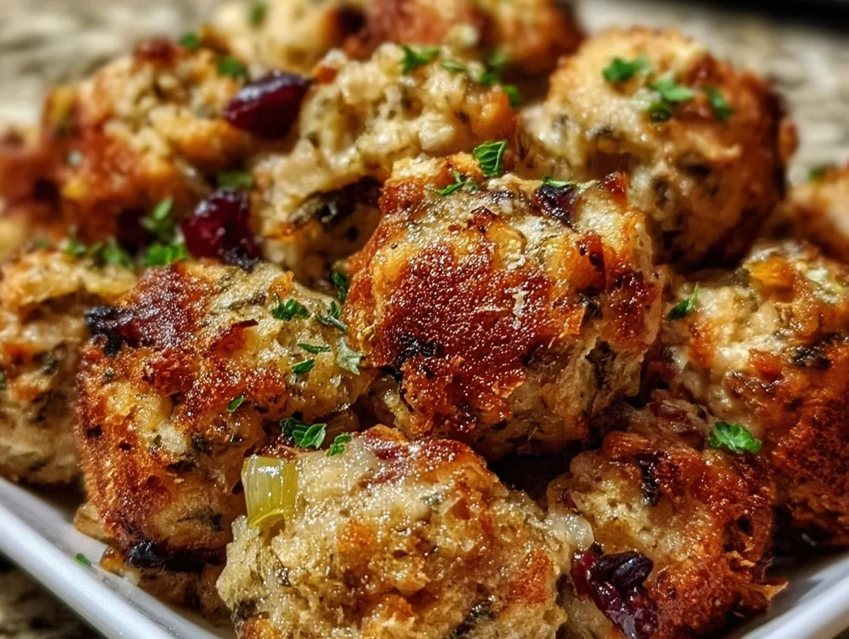 Homemade stuffing balls served on a festive dinner plate