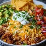 Delicious taco rice bowl with seasoned beef, lettuce, cheese, and salsa in a bowl.