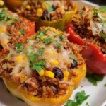 Taco stuffed peppers filled with seasoned meat, cheese, and vegetables on a plate