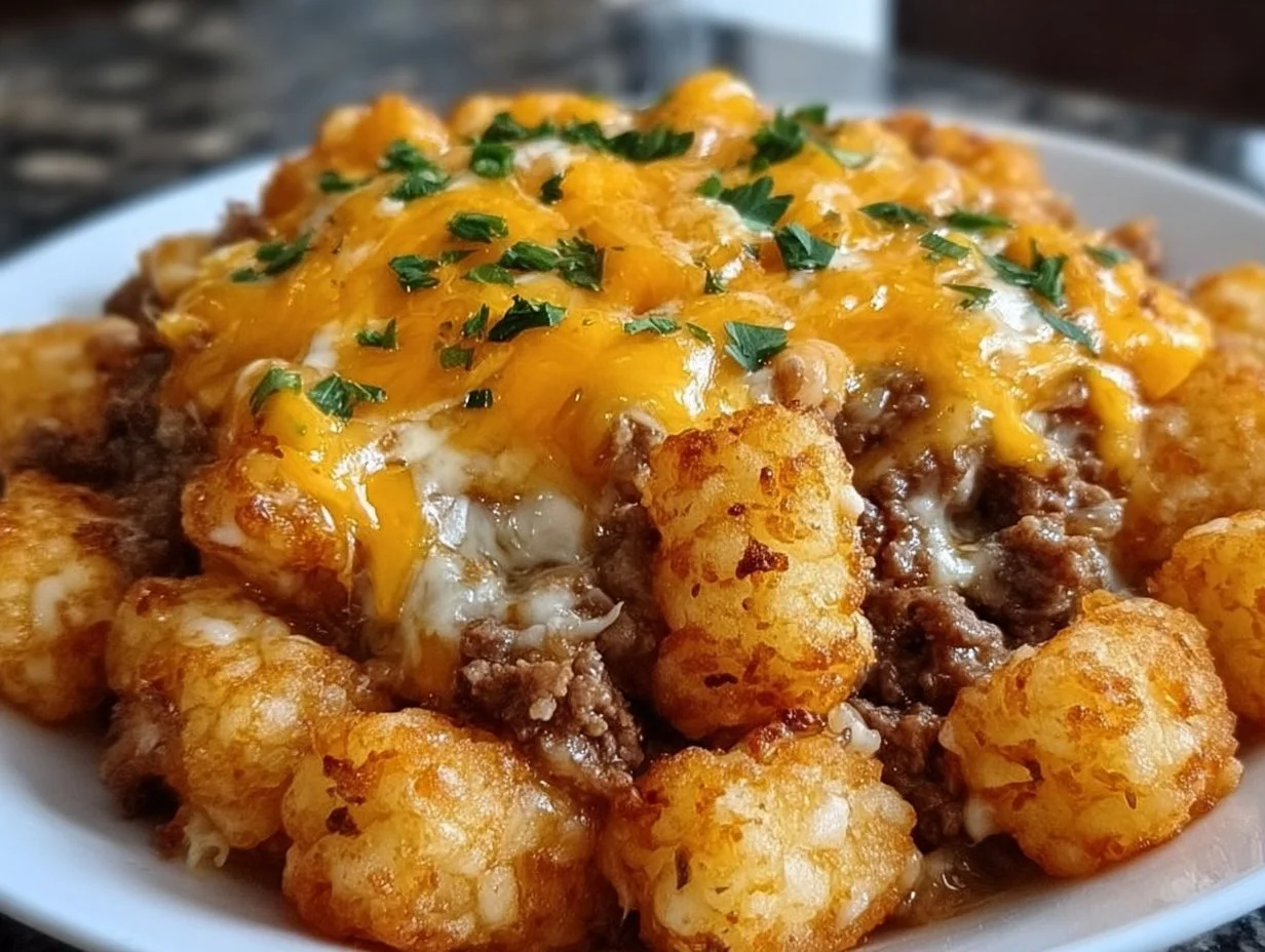 Delicious Tater Tot Casserole garnished and ready to serve
