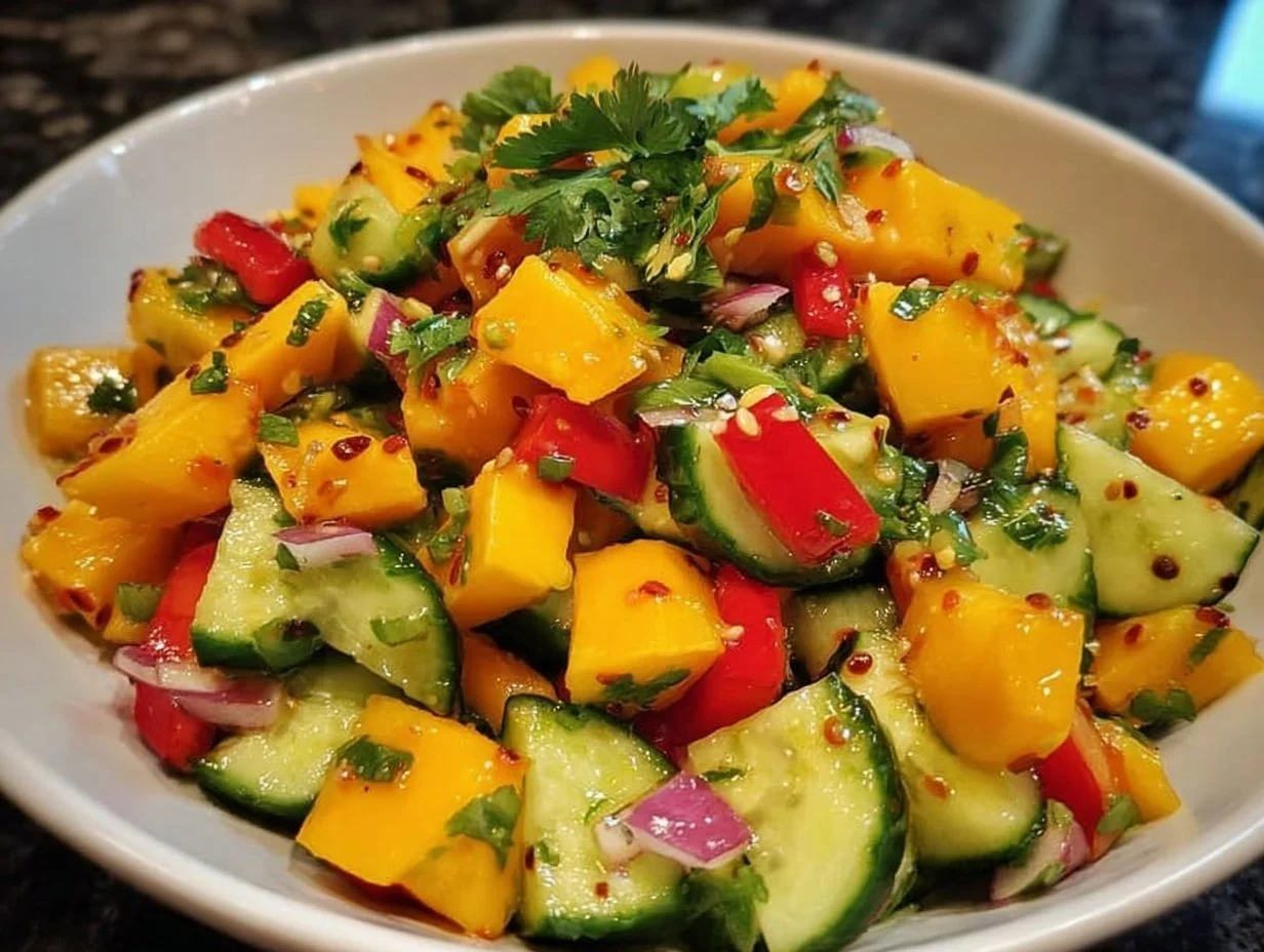 Thai Mango Cucumber Salad featuring mangoes, cucumbers, and fresh herbs.