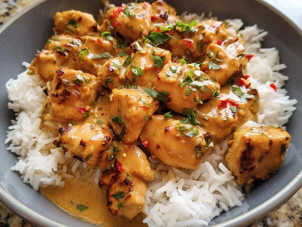 Delicious Thai Peanut Chicken with creamy peanut sauce and fresh vegetables
