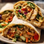 Thai Peanut Chicken Wraps garnished with fresh herbs and veggies