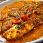 Delicious tilapia fillet topped with roasted pepper sauce on a plate.
