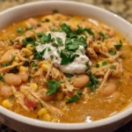 A bowl of creamy White Chicken Chili garnished with cilantro and jalapeños.