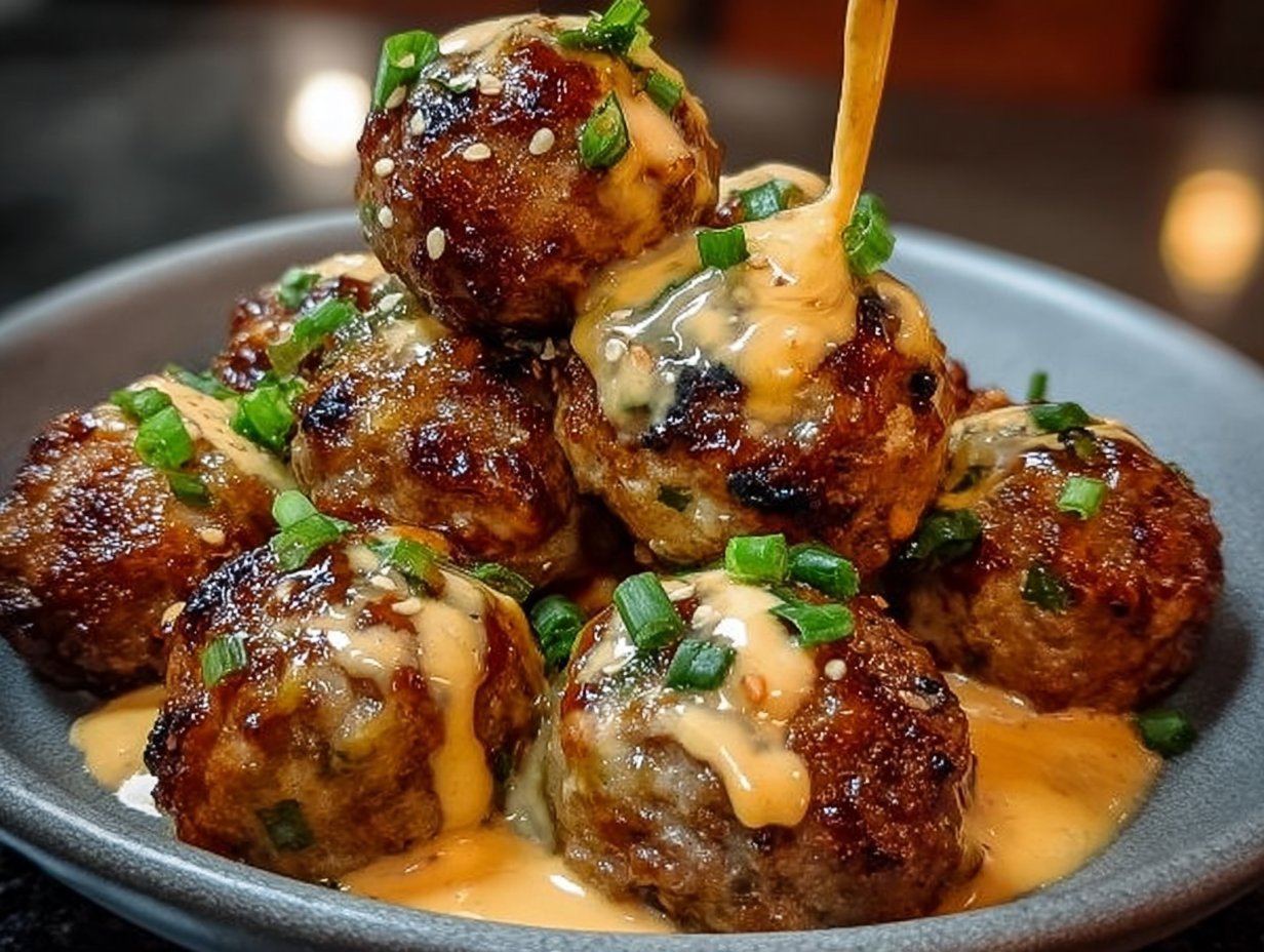 Korean BBQ Meatballs with Spicy Mayo Dip