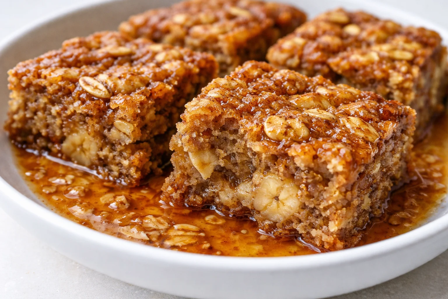 Freshly baked Banana Oatmeal Bars on a wooden table