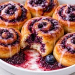 Freshly baked blueberry cinnamon rolls with cream cheese icing