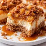 Caramel apple cheesecake bars topped with caramel drizzle and apple slices