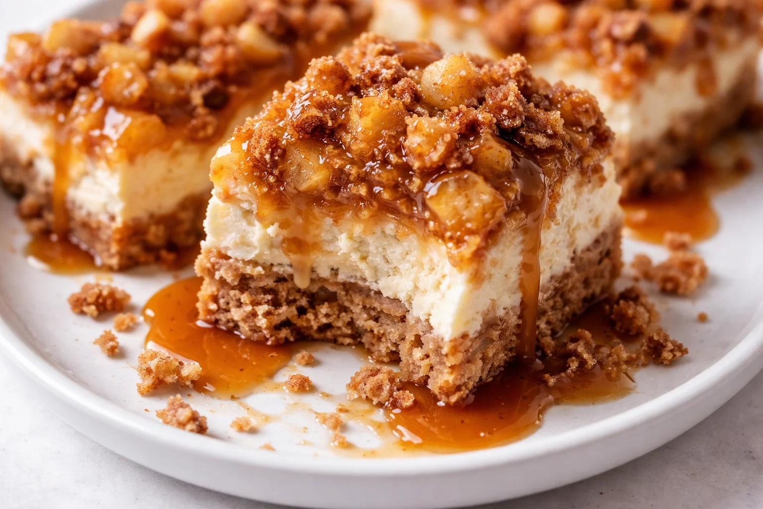 Caramel apple cheesecake bars topped with caramel drizzle and apple slices