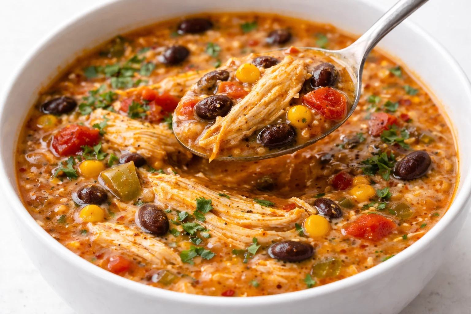 Bowl of homemade Chicken Enchilada Soup topped with cheese and cilantro