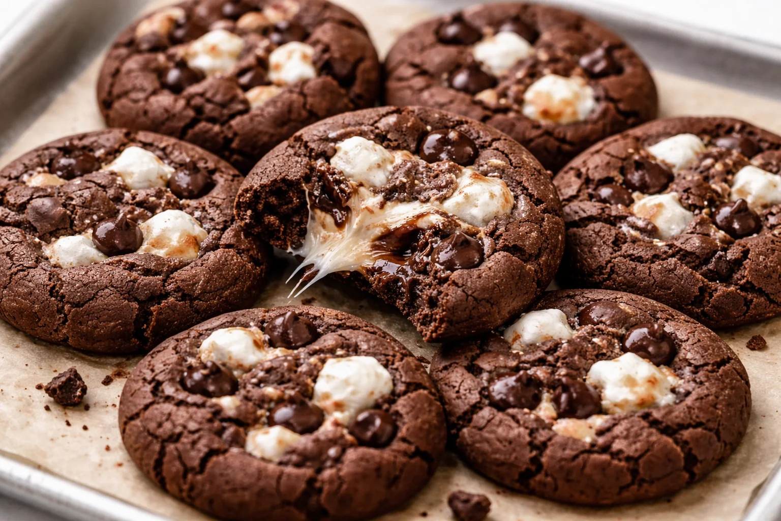 Chocolate Marshmallow Cookies with melted marshmallows and rich chocolate chunks