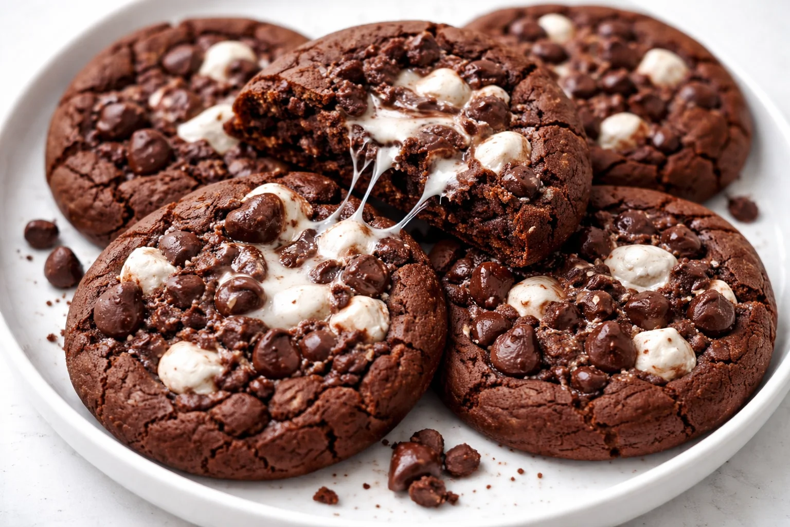 Homemade Chocolate Marshmallow Cookies on a plate, gooey and delicious.