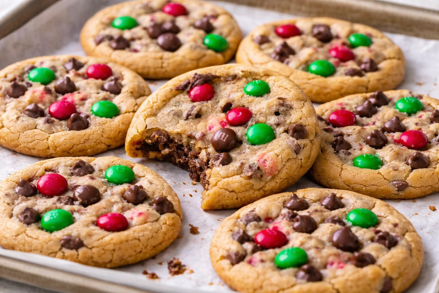 Christmas chocolate chip cookies with M&M's on a festive baking tray