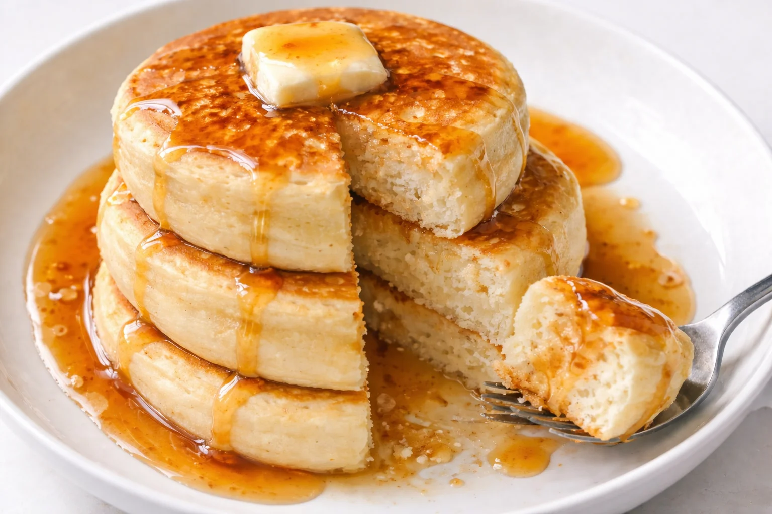 Fluffy cloud-like pancakes stacked on a plate with syrup