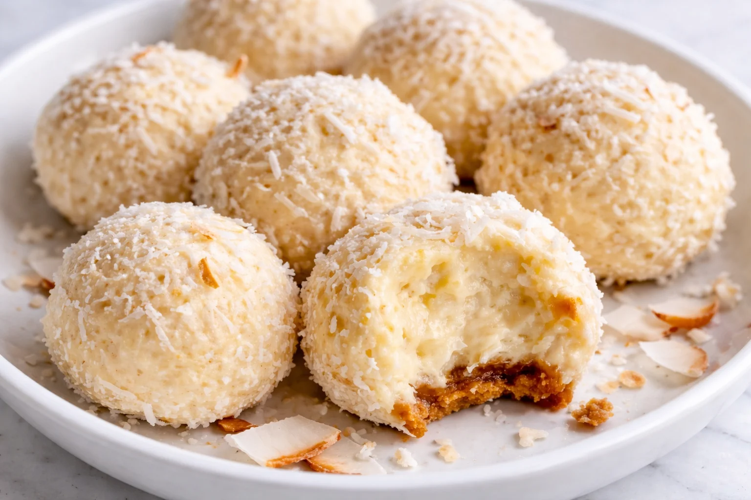 Coconut Snowball Cheesecake Bites served on a platter with toppings.