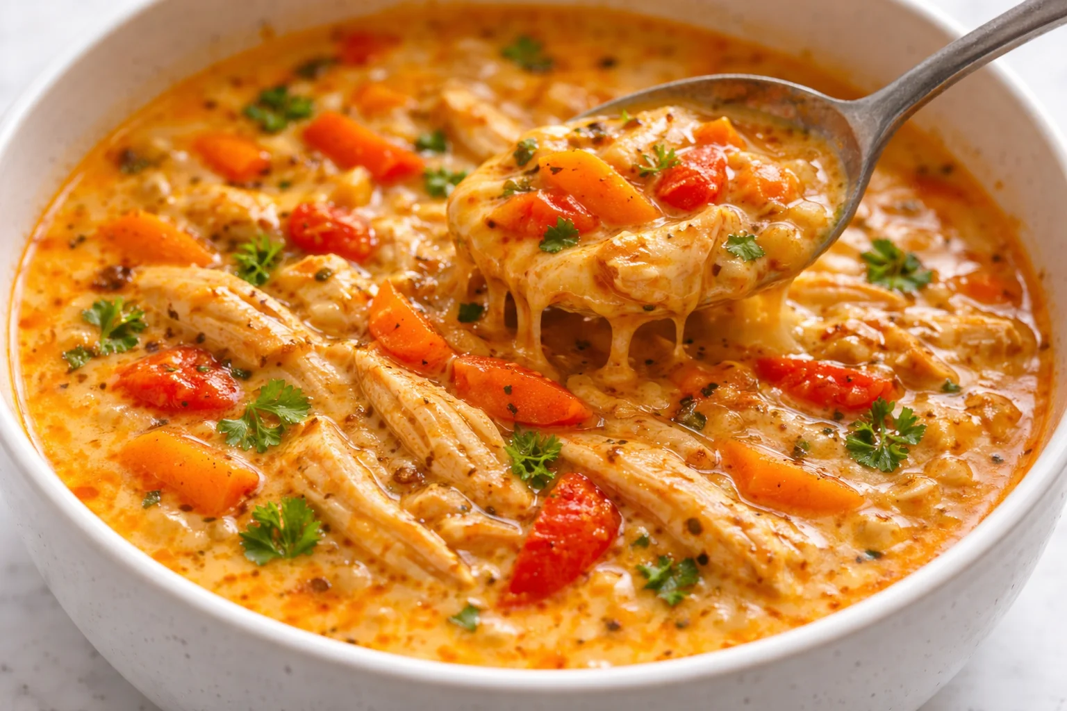 Bowl of creamy Cajun chicken soup garnished with herbs and spices