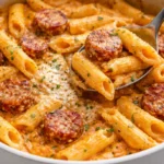 Delicious creamy Cajun sausage pasta in a bowl with fresh herbs.