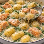 Creamy salmon gnocchi served in a bowl with fresh herbs and a fork