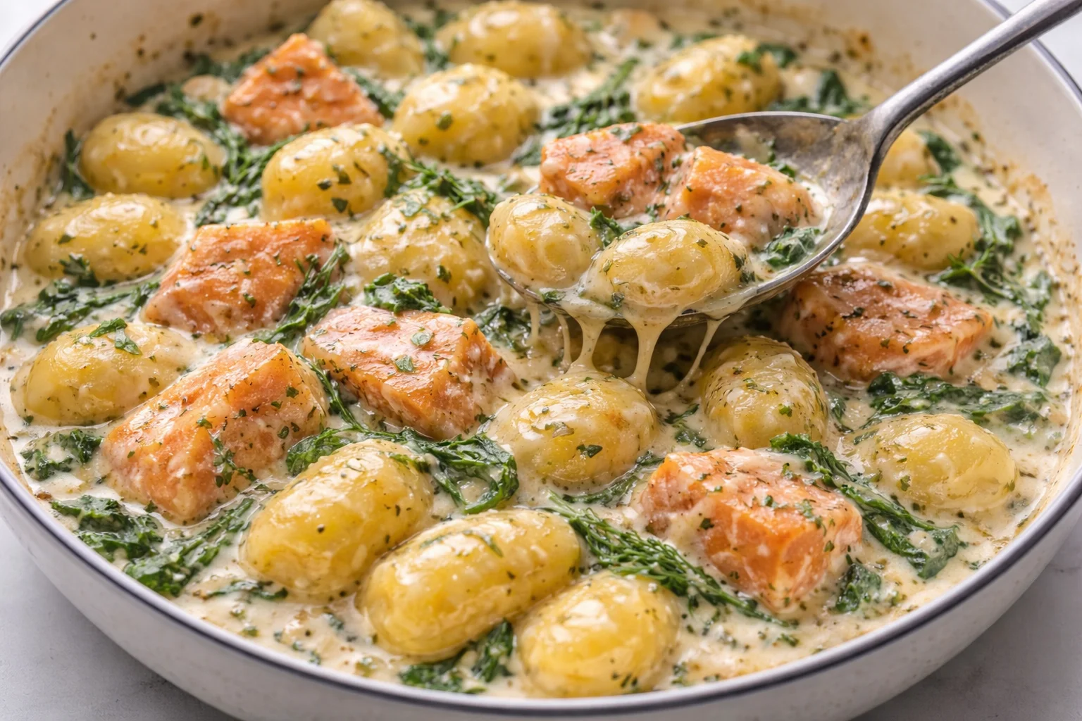 Creamy salmon gnocchi served in a bowl with fresh herbs and a fork