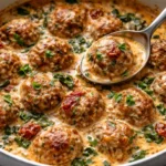 Creamy Tuscan low carb meatballs with herbs and spices served on a plate