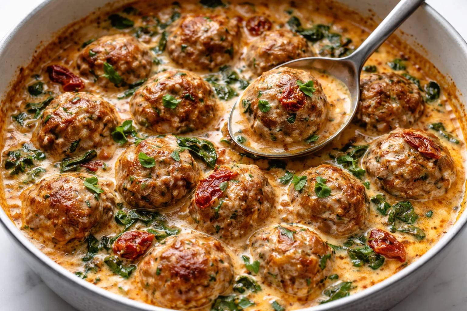 Creamy Tuscan low carb meatballs with herbs and spices served on a plate