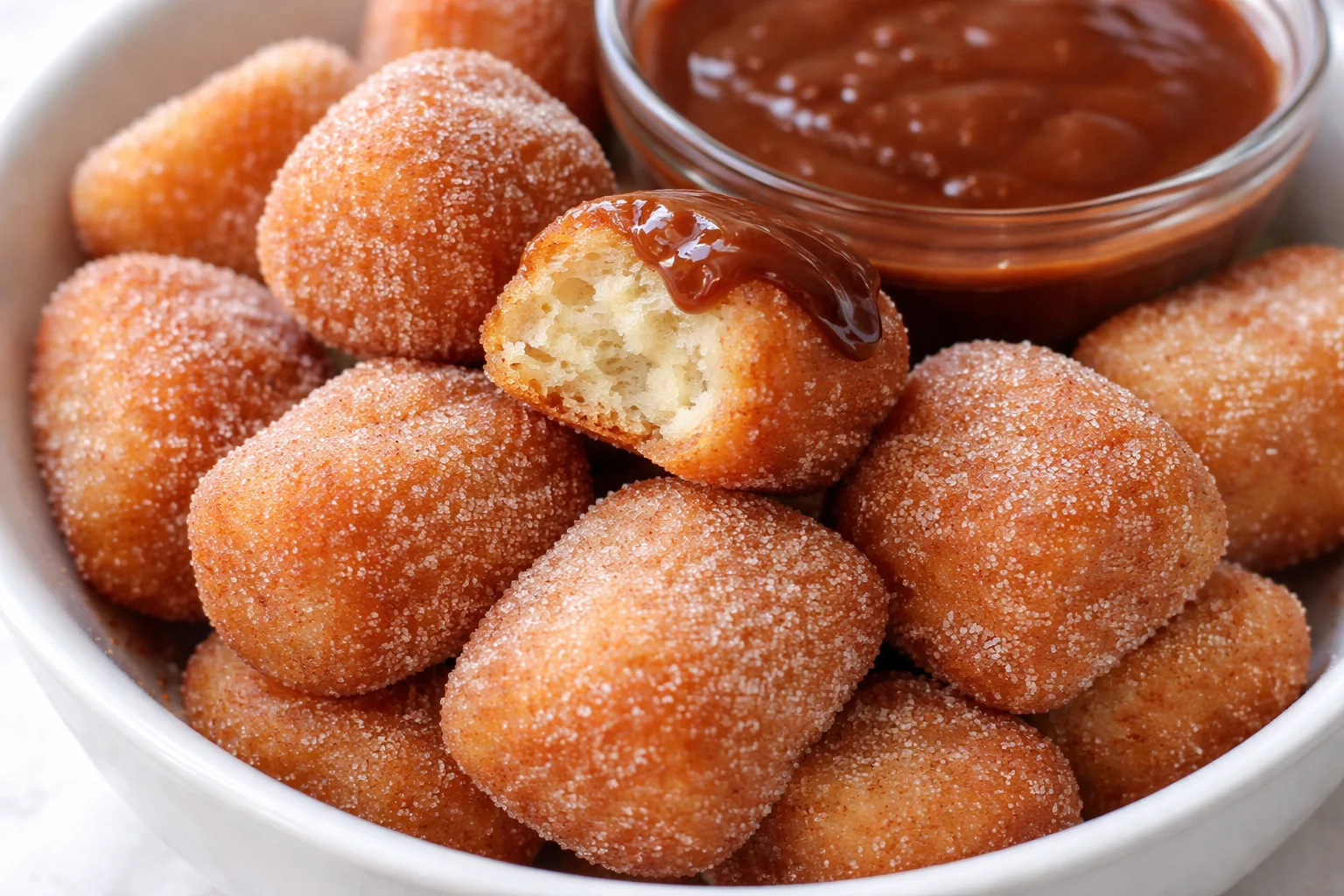 Crispy air fryer churro bites served on a plate with dipping chocolate