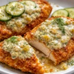 Crispy dill pickle Parmesan chicken served on a white plate