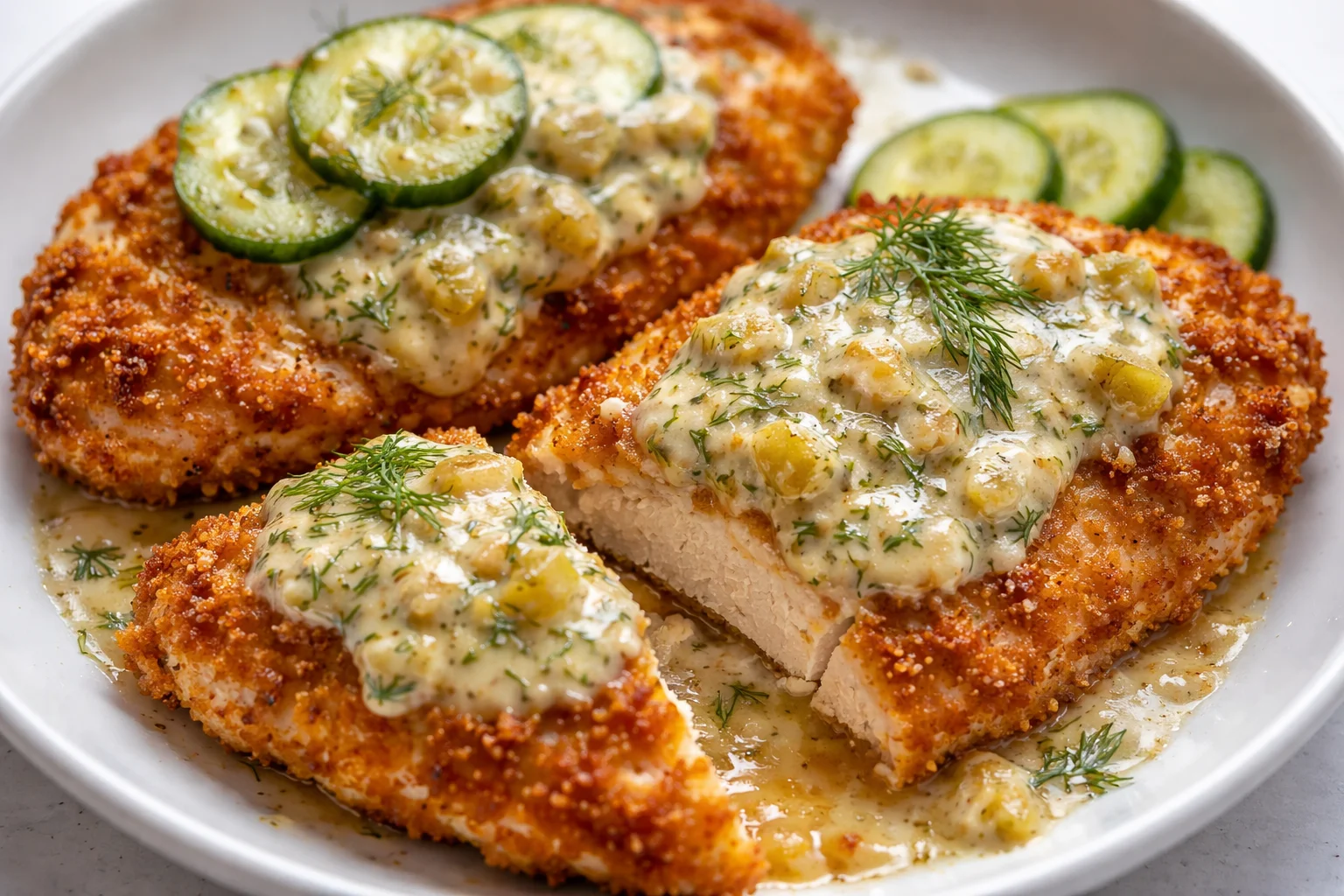 Crispy dill pickle Parmesan chicken served on a white plate