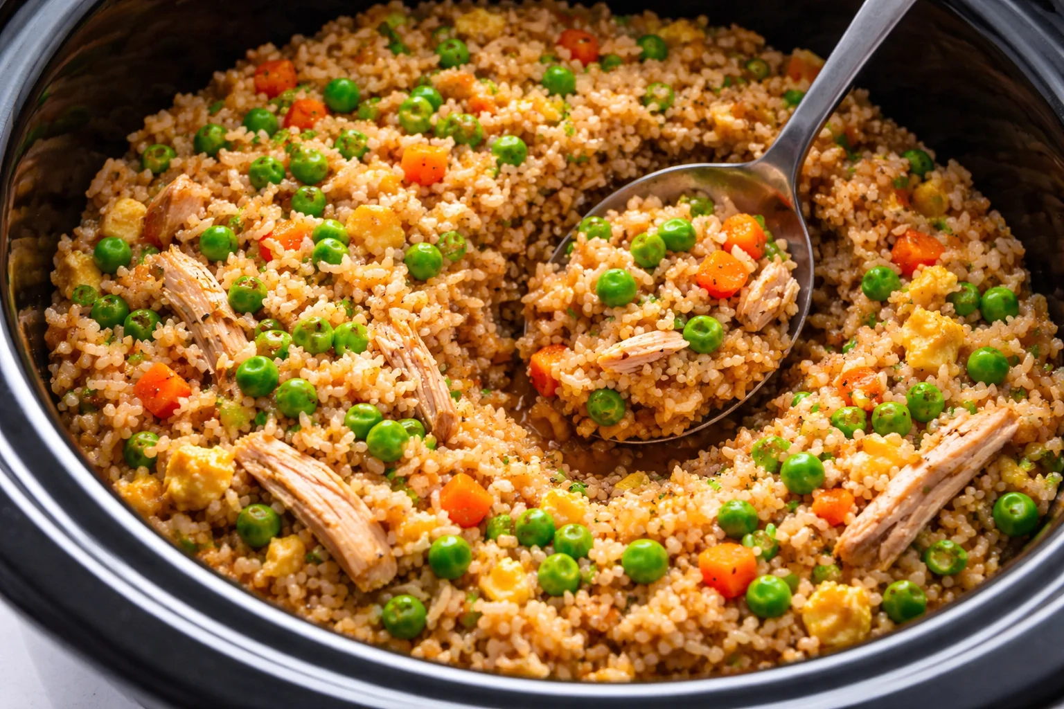 Bowl of delicious crockpot chicken fried rice garnished with vegetables.