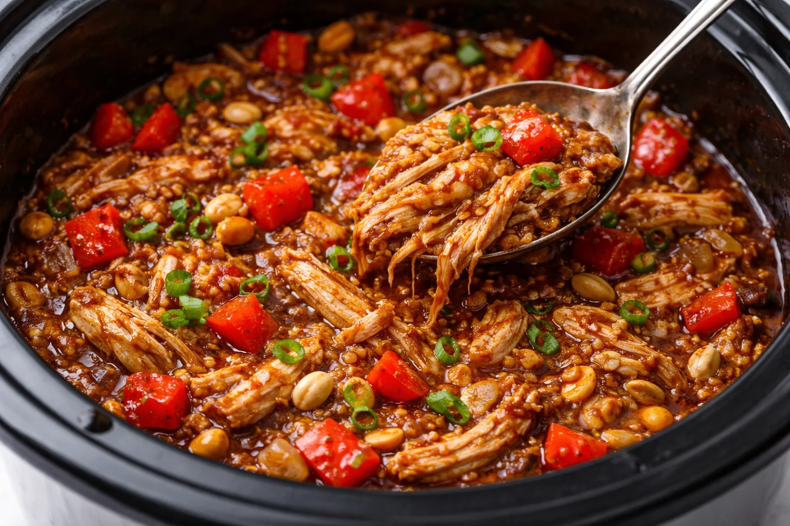 Crockpot Kung Pao Chicken dish garnished with peanuts and green onions