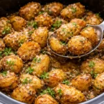 Crockpot Parmesan Roasted Potatoes garnished with herbs and spices.