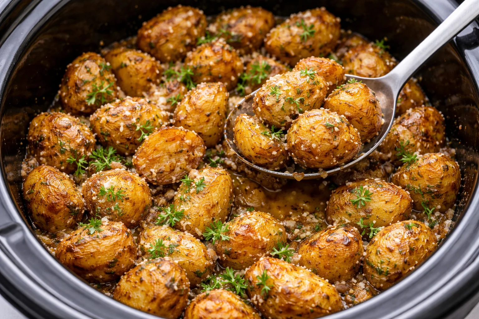 Crockpot Parmesan Roasted Potatoes garnished with herbs and spices.