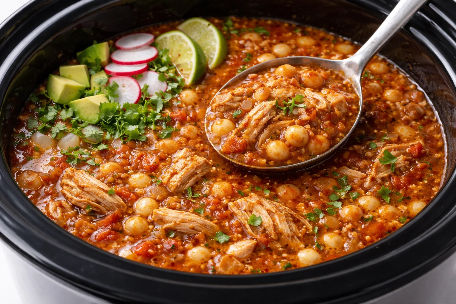 Delicious crockpot pozole in a bowl, garnished with fresh toppings.